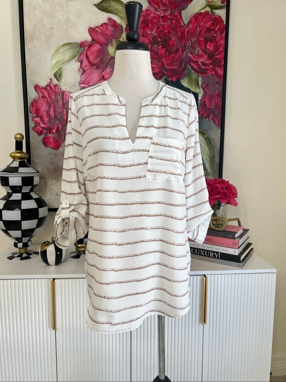 Cynthia Rowley Women's Rope Striped V-Neck Popover Tunic Blouse White Tan Medium